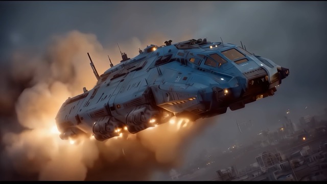 Dropship over the city AI video prompt example